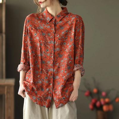 Chemise Florale Vintage Imprimée à Boutons au Revers, Vêtement pour Femmes Automne Ample Décontracté Tops Manches Longues Commute Blouse