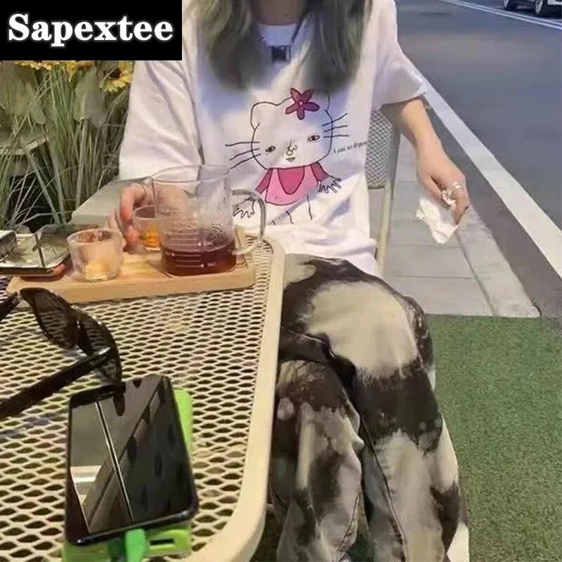 Tricou cu imprimeu pisicuță amuzant în stil japonez Harajuku pentru fete, alb, mai mare, din bumbac, cu gât rotund, cu mânecă scurtă, tricou grunge pentru femei