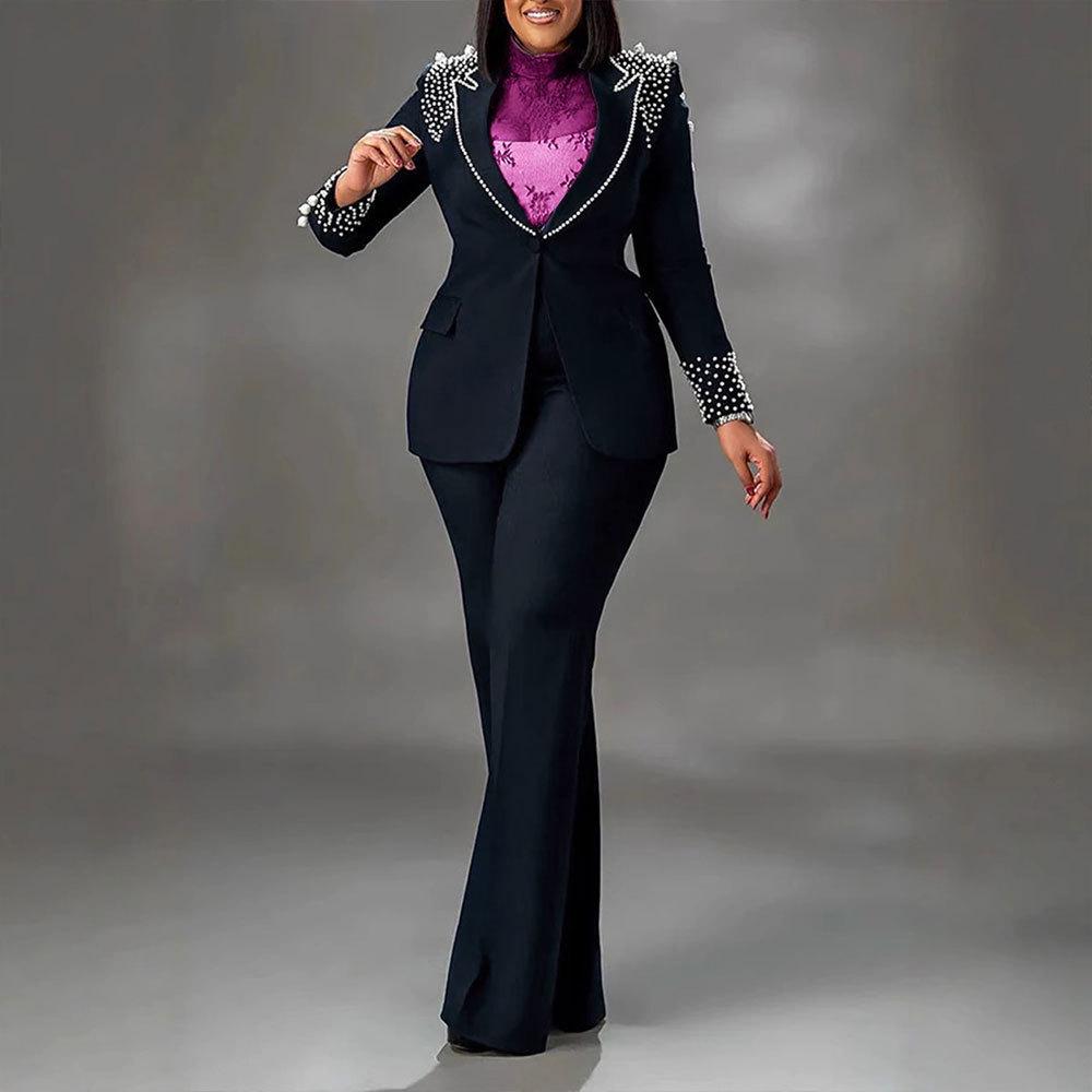 Costum european și american cu perle, slim fit, elastic - Set din două piese, cu mânecă lungă