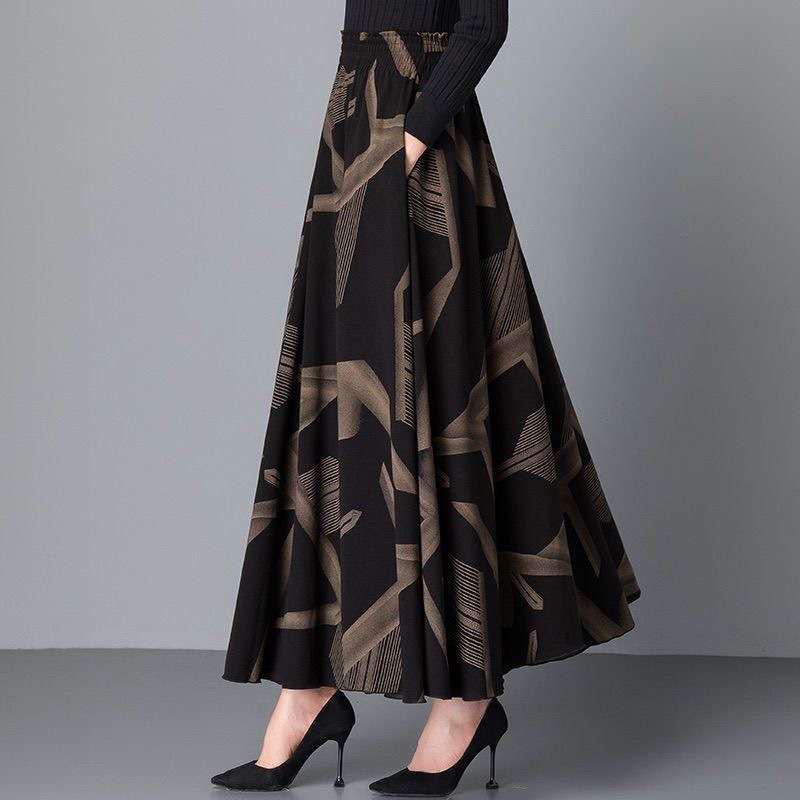 Retro High Waist Umbrella Skirt - Women's Autumn/Winter 2026 Collection, Loose Fit with Printed Big Hem