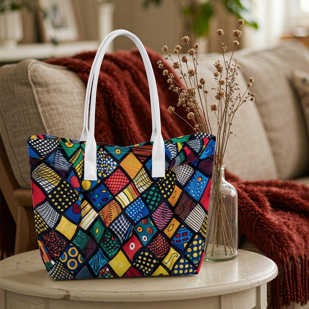 Trendy Geometric Pattern Tote Bag Casual Portable Large Capacity Daily Use Shopping Shoulder Handbag for Women