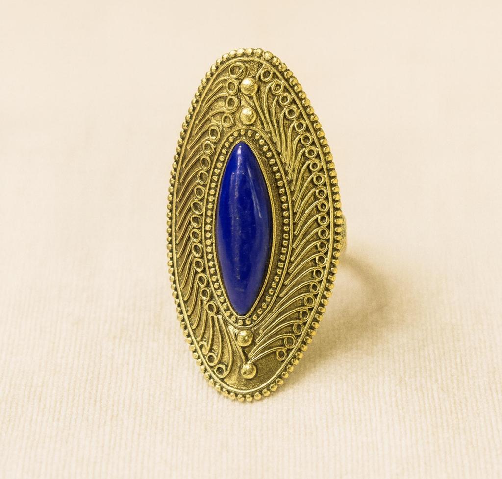 Pure Brass Marquise Cut Lapis Lazuli Gemstone Ring, Adjustable Cocktail Ring, Ornate Ethnic Filigree Detail Jewelry