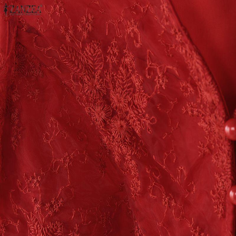 ZANZEA Damen Casual V-Ausschnitt 3/4-Ärmel Spitzen-Patchwork Slim Bluse