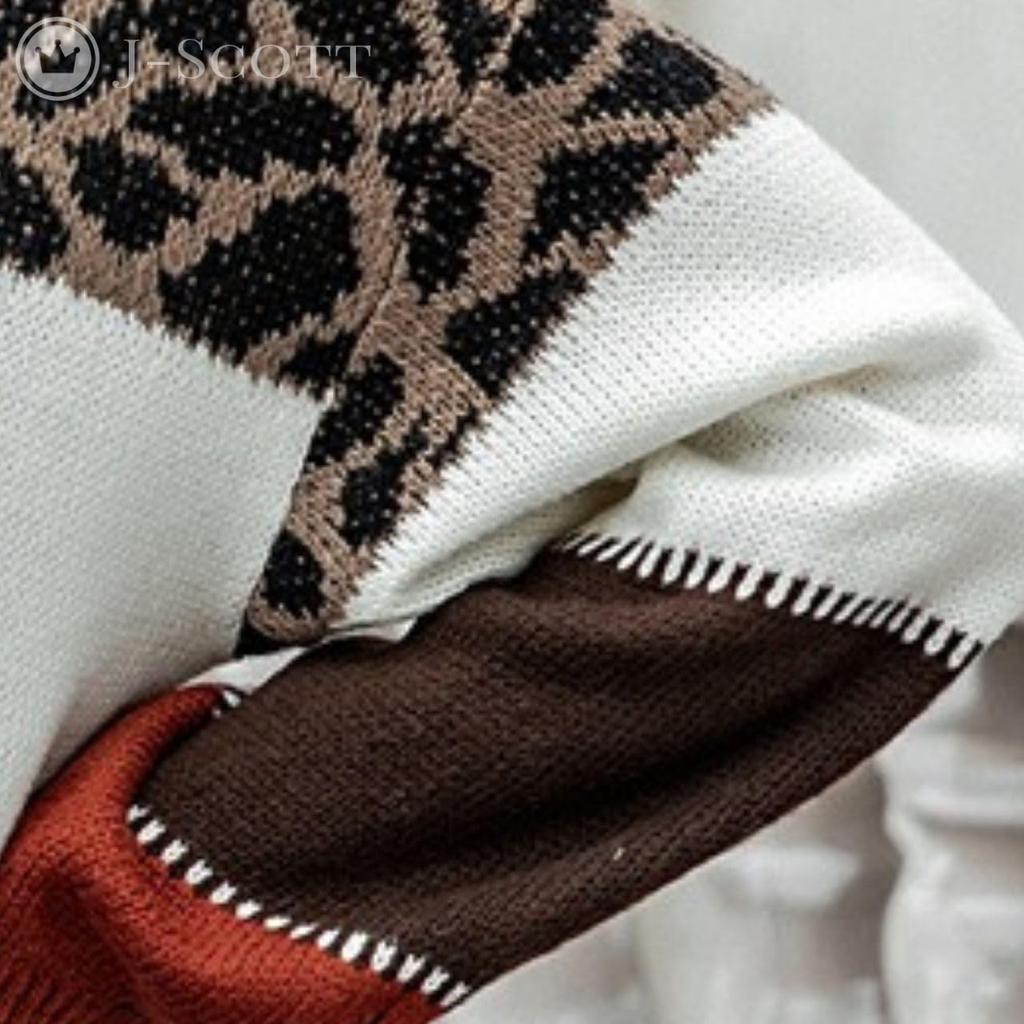 J-Scott Women's Leopard Print Knit Sweater with Striped Print, Crew Neck, Drop Shoulder, Long Sleeves, Feminine Casual Loose Fit, Red (JS178-RD-M)