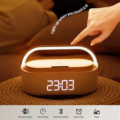 Rechargeable FM Radio LED Alarm Clock with 15W Wireless ChargerBluetooth Speaker and Night Light Function. Gift Ideas for Decor