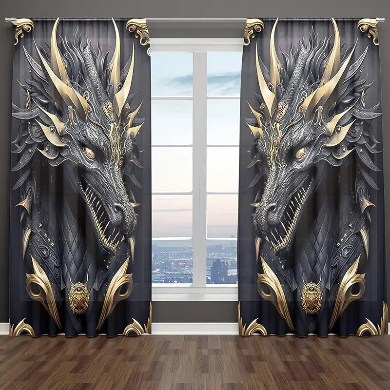 Black Gold Three Dimensional Imposing Dragon Pattern Totem Printed Curtains Home Decoration Room Made Of Polyester