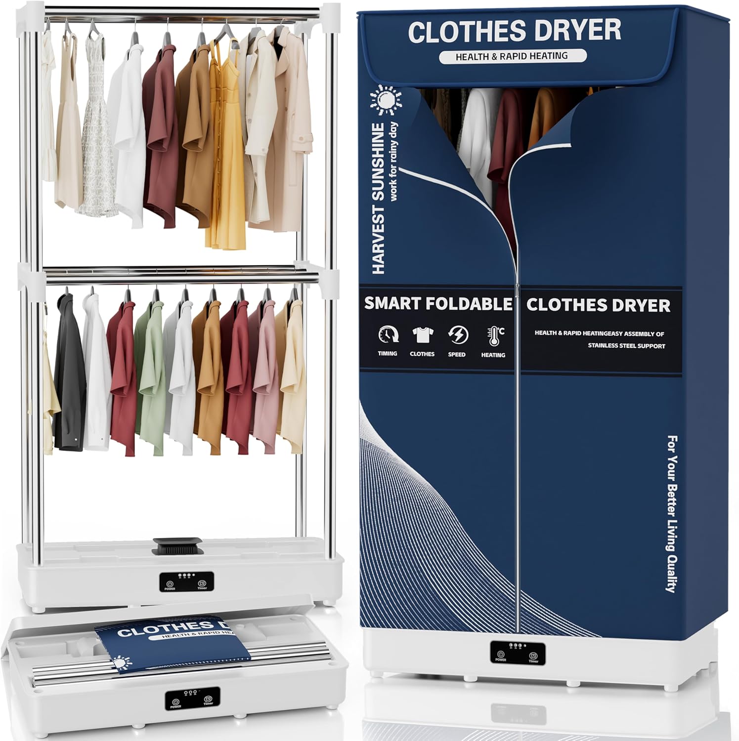 

Портативная складная сушилка с таймером, электрическая сушилка для белья большой вместимости для дома, автодома, квартиры - синяя DF1