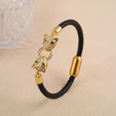 8 Stil Klassischer Zirkonia Leopardenkopf Lederseil Armband Trendiges Herren Edelstahl Armreif Für Damen Tägliches Tragen Schmuck