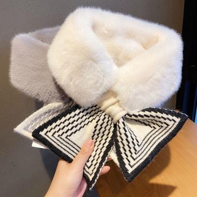 Women Winter Warm Thicken Cross Collar Neck Warmer Solid Color Faux Rabbit Fur Plush Elegant Shawl Scarfs