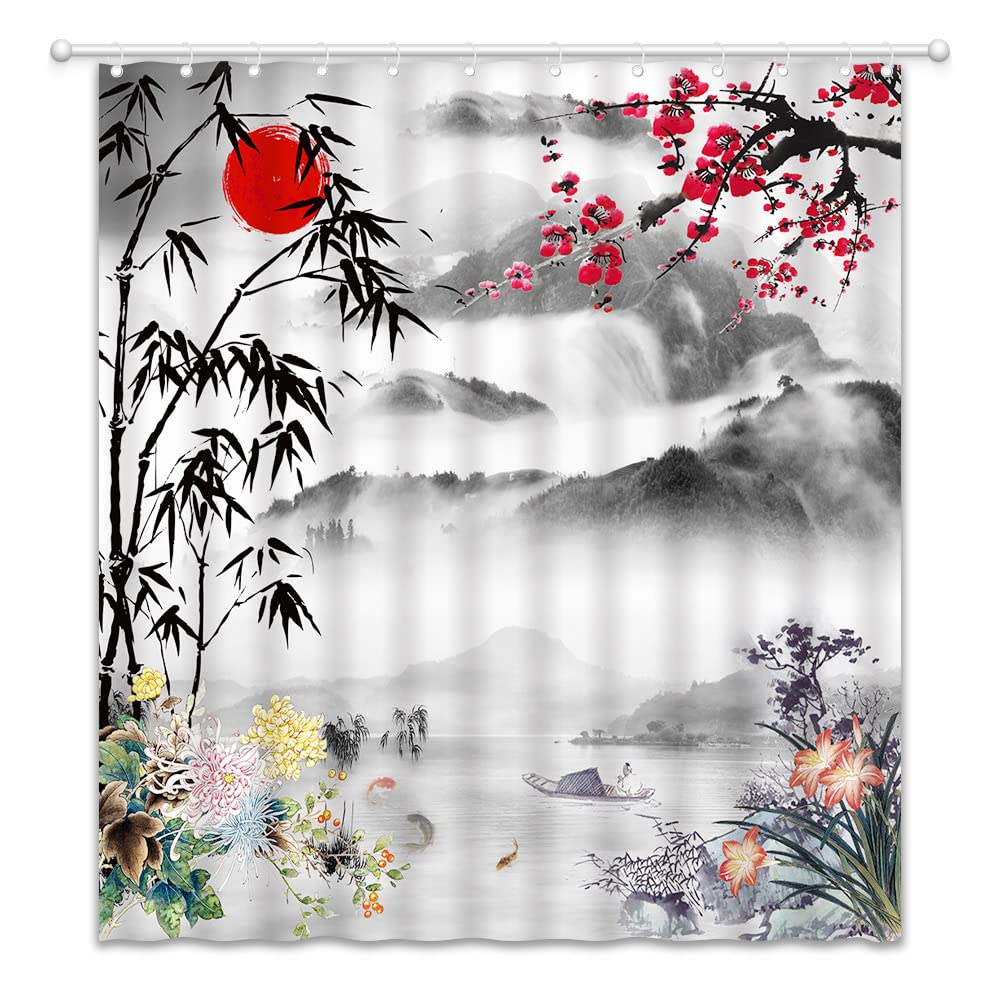 Landscape Shower Curtain Spring Season Pink Flower and Pavilion Scenery on Lake Chinese Style Bathroom Decor Hanging Curtain with Hooks