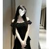 Black irregular dress women's ruffle edge 2026 summer new one-word shoulder sexy skirt women's waist