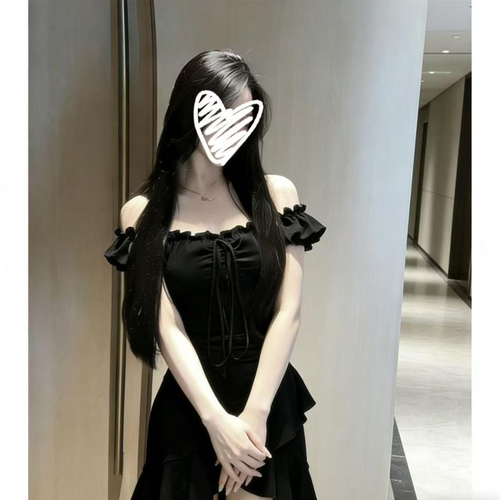 Black irregular dress women's ruffle edge 2026 summer new one-word shoulder sexy skirt women's waist