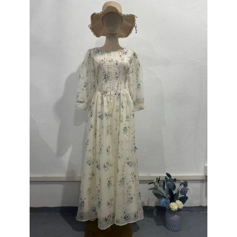 

Western Style New Floral Waist Hugging Square Collar Lace-up Dress Square Collar Lace up Dress Light Blue 2XL