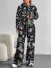 European, American Autumn and Winter Blue Flower Casual Long-sleeved Suit Women's Hooded Sweater Trousers Two-piece Set