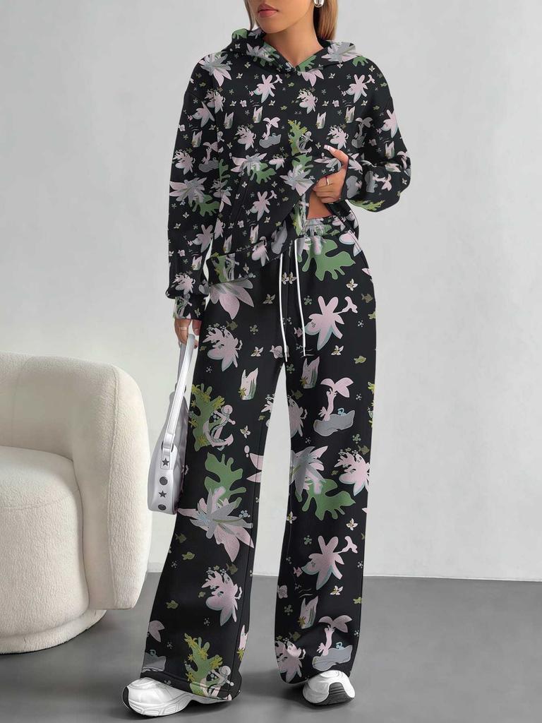 European, American Autumn and Winter Blue Flower Casual Long-sleeved Suit Women's Hooded Sweater Trousers Two-piece Set