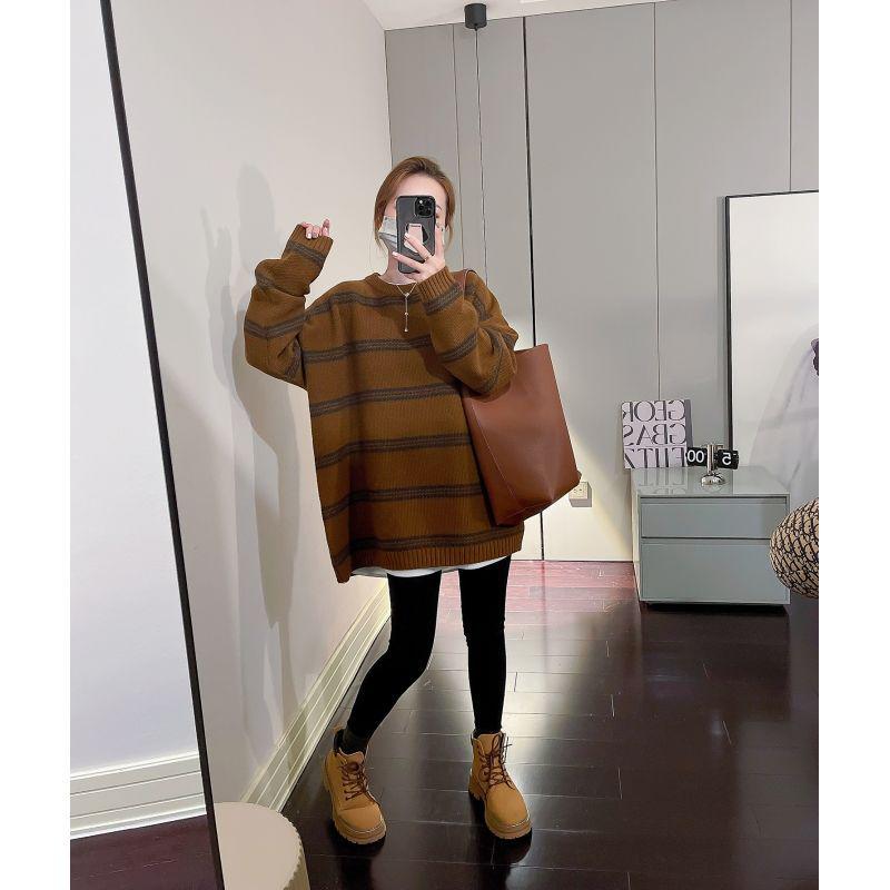 Dámský kávově pruhovaný pletený svetr - Podzim/Zima 2024 Volný střih Středně dlouhý pulovr