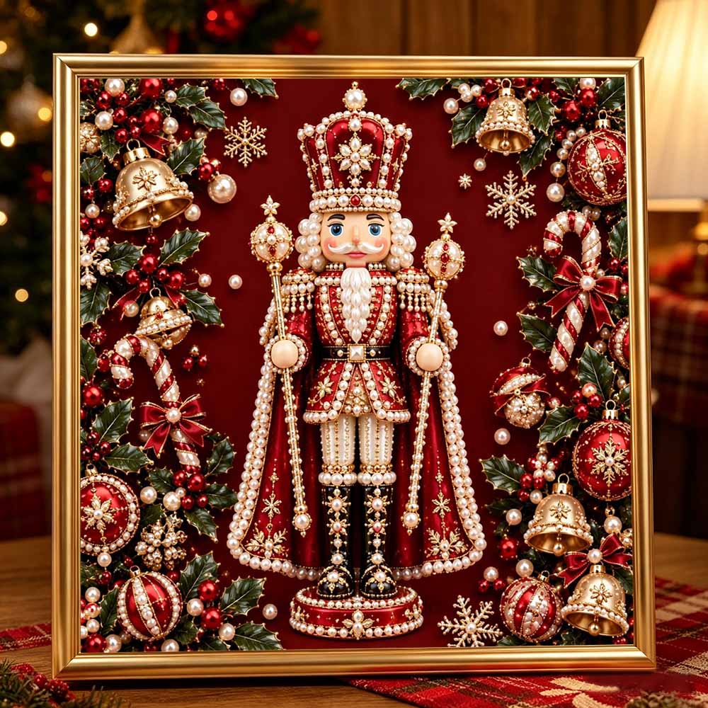 DIY Framed Pearl Painting Kit with Christmas Nutcracker 5D Sparkling Bead Art Canvas Ready to Display Holiday Home Decor Gift Idea