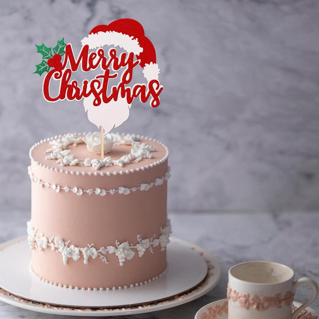 1 Stück Frohe Weihnachten Cake Topper Glitzer Stechpalmenblätter und Beeren Weihnachtsmannmütze Bart Pick für Weihnachts-Thema Kuchen Dekorationen
