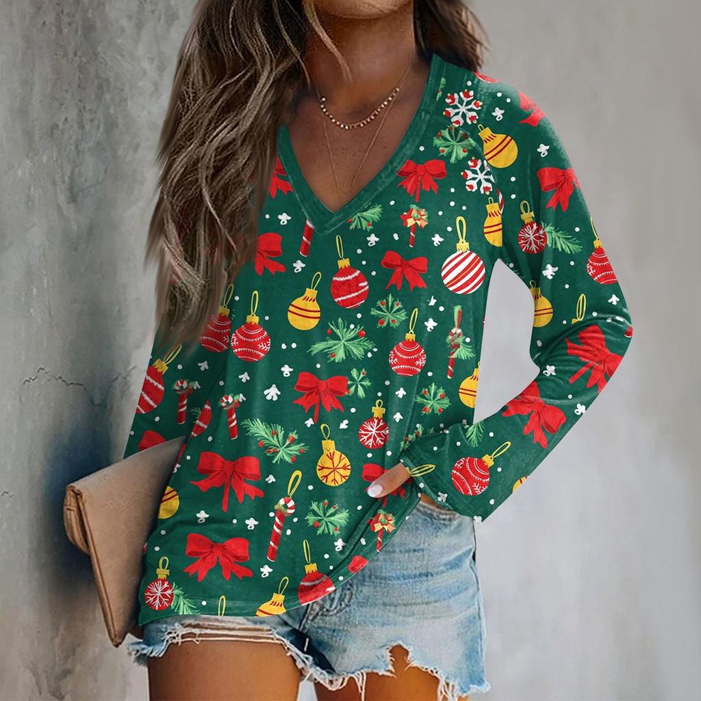 Women's Long Sleeve T-Shirt V-Neck ChristmasPrinted Casual Basic Tops