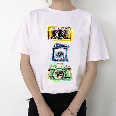 Retro Camera T-Shirt Female Watercolor Flowers Camera Printed Vintage Tee Shirts Femme White T Shirt Graphic T Shirt Tops Clothes