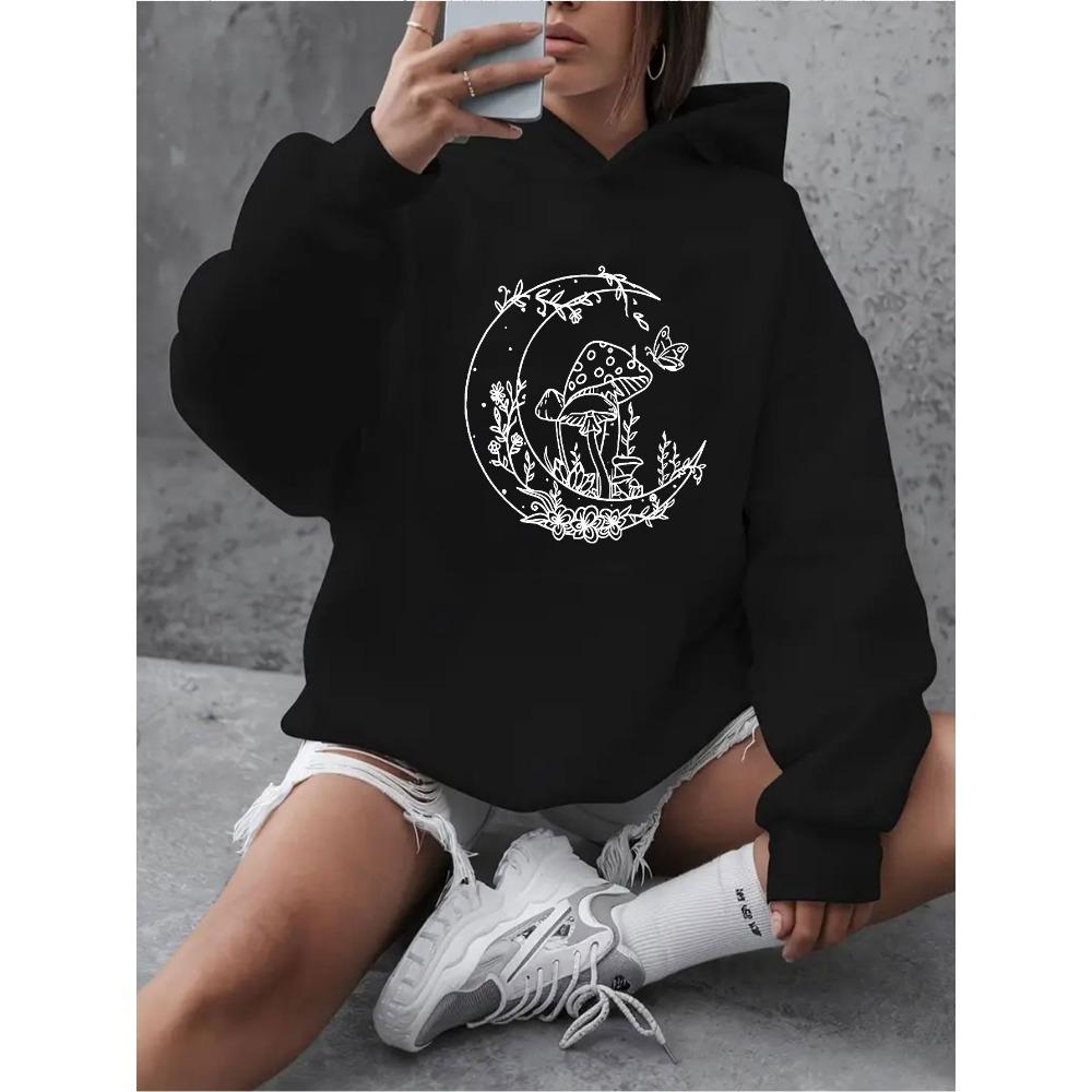 2025 Herbst und Winter Damen Hoodie Schwarz Einfach Mond Floral Pilzmuster Bedruckt Kapuzenpullover Sweatshirt Persönlichkeit