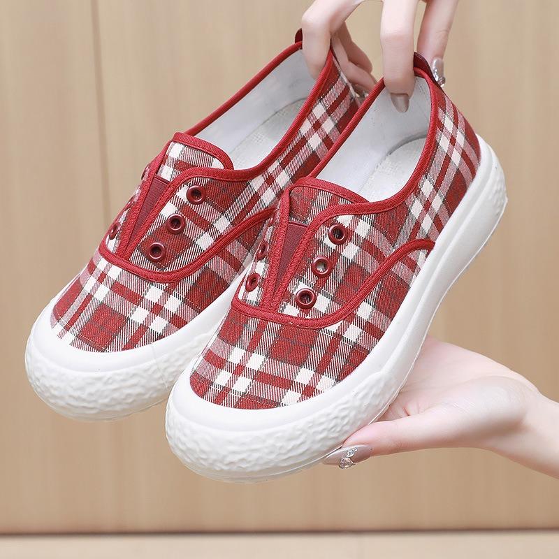 Spring and summer fashion trend women's plaid canvas shoes flat-bottomed one-pedal lazy shoes comfortable, lightweight and breathable student shoes