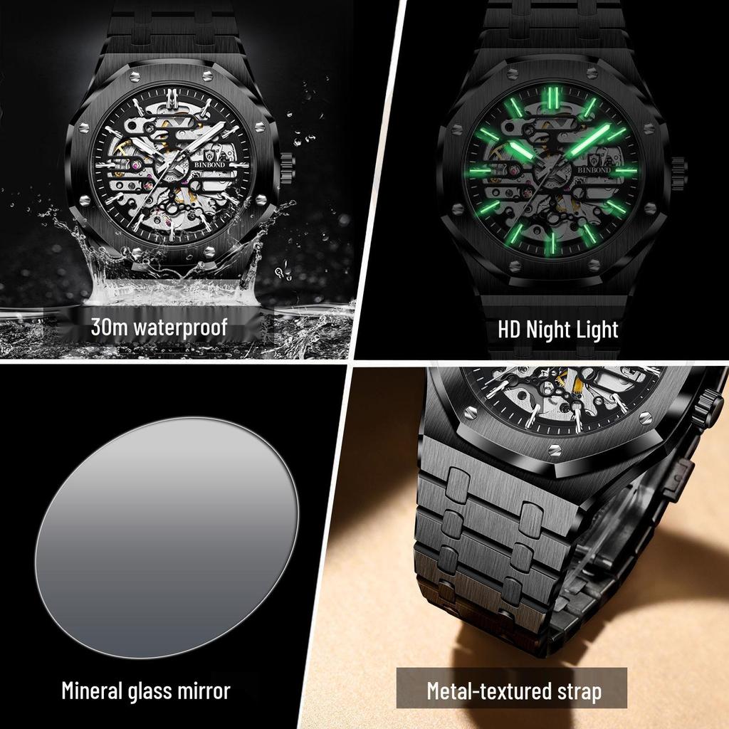 Binbang Men's Automatic Waterproof Skeleton Mechanical Watch - High-End Alloy Design