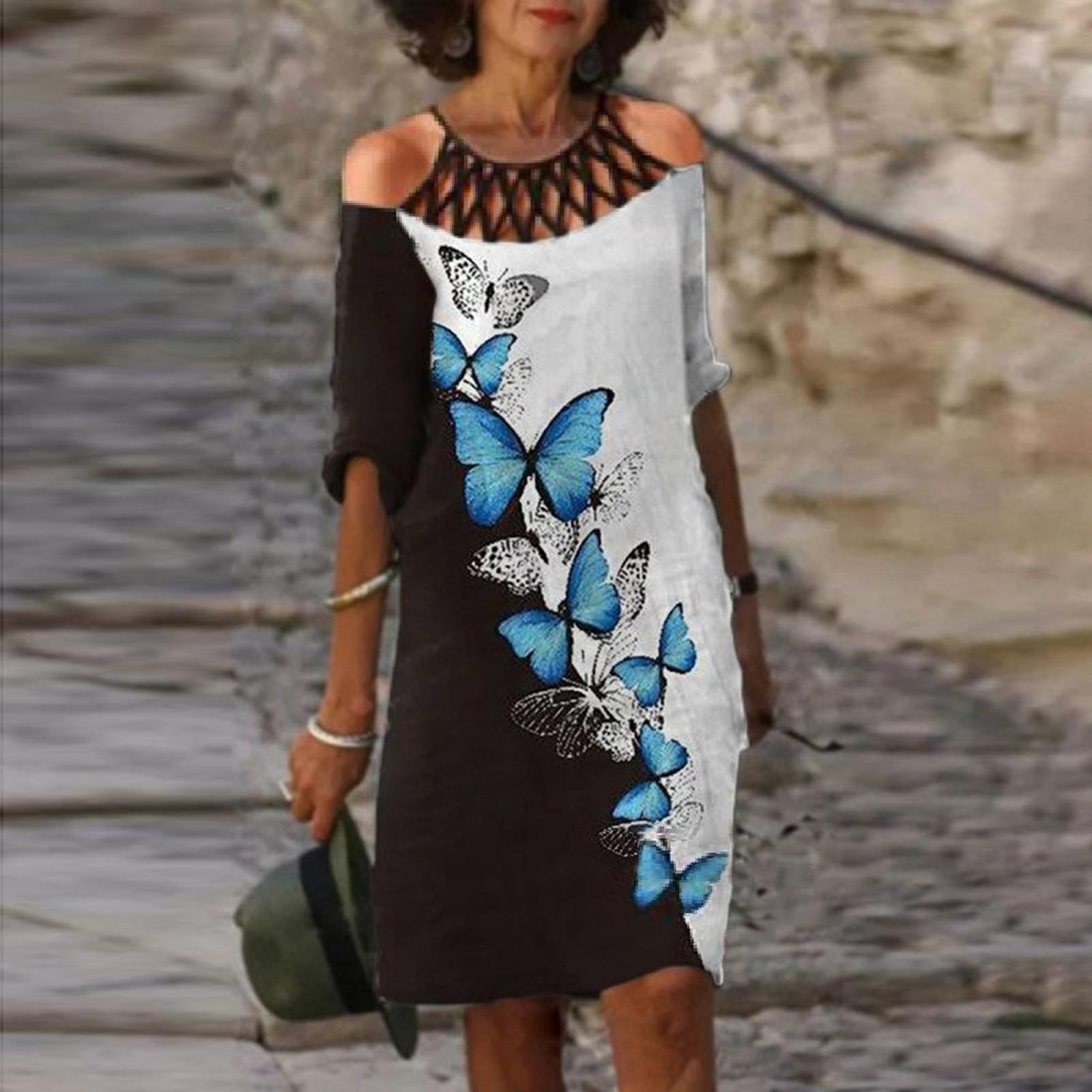 

Women s Summer Casual Loose Floral Hollow Round Neck Five-Part Sleeve Dress XXL білий