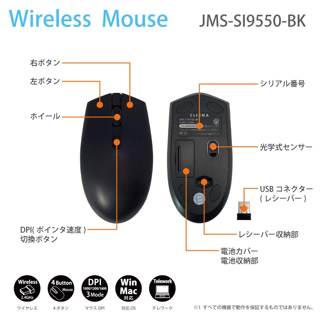 CompuCase Japan Wireless Mouse, USB Connection, 2.4GHz, 100012001600 DPI, High Precision, Telework, Energy Saving Mode, JMS-SI9550-BK