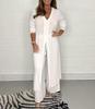 Women's V-Neck Long-Sleeve Slit Top with Wide-Leg Pants - Summer Solid Color Set