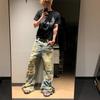 American high street retro washed old summer ripped jeans men's loose straight trendy brand ruffian handsome wide-leg pants