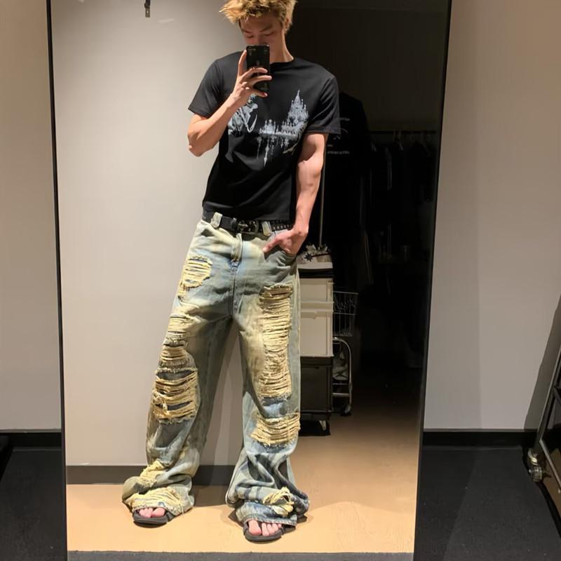 American high street retro washed old summer ripped jeans men's loose straight trendy brand ruffian handsome wide-leg pants