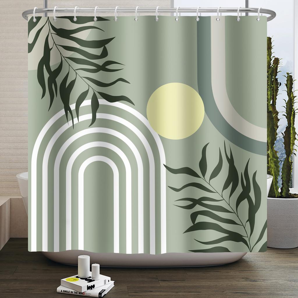 Mid Century Abstract Boho Shower Curtain Green Leaf Plant Modern Arch Sun Minimalist Nordic Waterproof Bathroom Bath Curtain