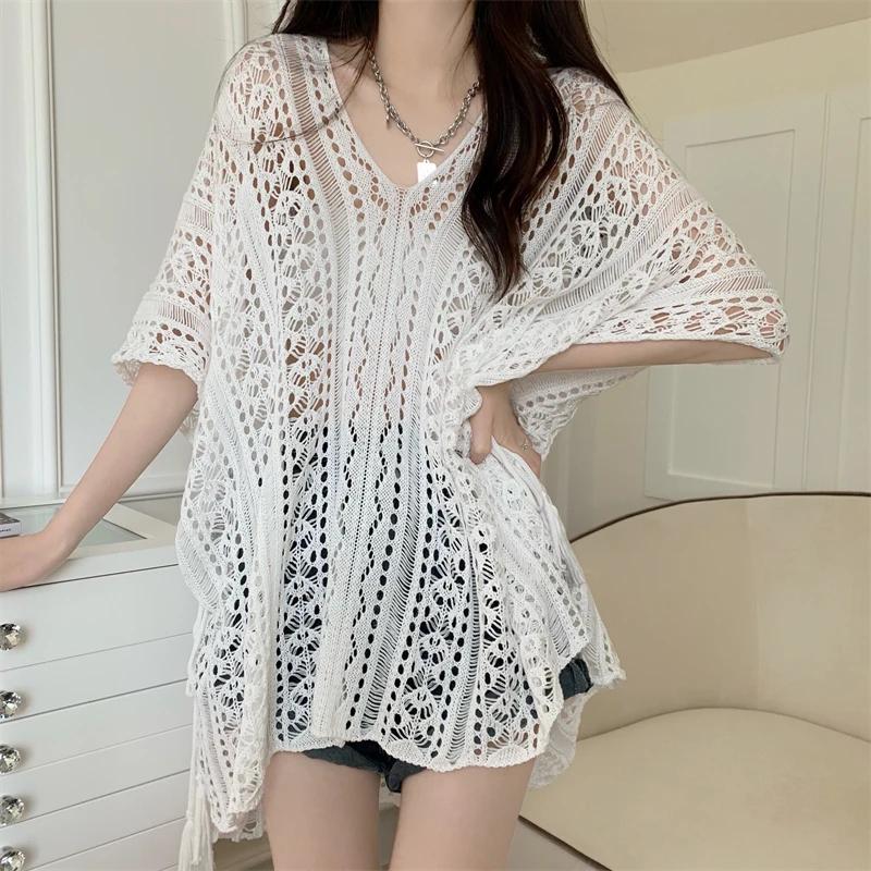 Fashion Loose Hollow Out Sexy Knitted Shirt Women Summer V-neck Casual Sunscreen Blouses Female Short Sleeve Tops