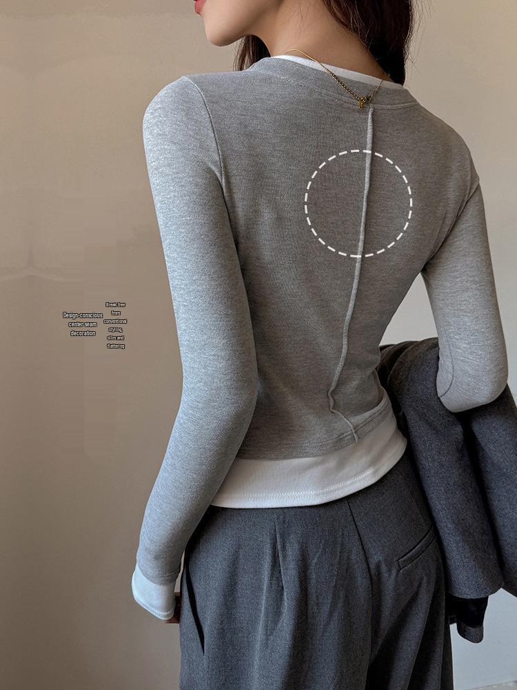 Women's 250g Heavyweight Two-Piece Look Round Neck Long Sleeve T-Shirt - Spring/Autumn Fashion with Straight Shoulder Patchwork Design