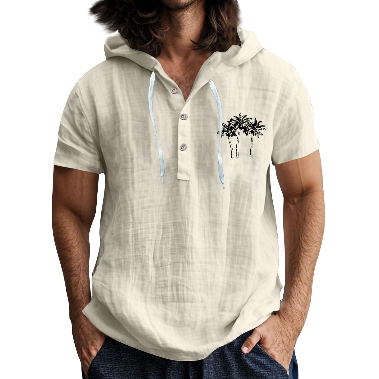 Мужская повседневная футболка с короткими рукавами, капюшоном и открытым воротом на пуговицах L бежевый