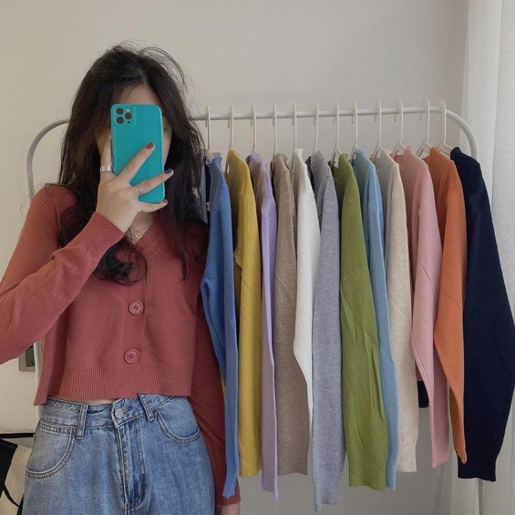 Women's Solid Color V-Neck Knitted Cardigan Long Sleeve Pullover Sweater Single Breasted Button Spring Fall Outerwear Tops Small Fresh One Size