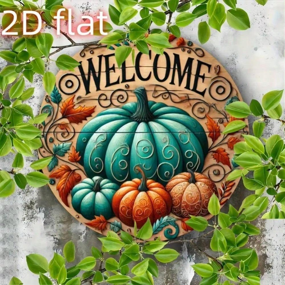 Round Aluminum Pumpkin Fall Sign, 2D Flat Welcome Plaque, Rustic Autumn Wall Art, Weather Resistant Metal Decor for Home