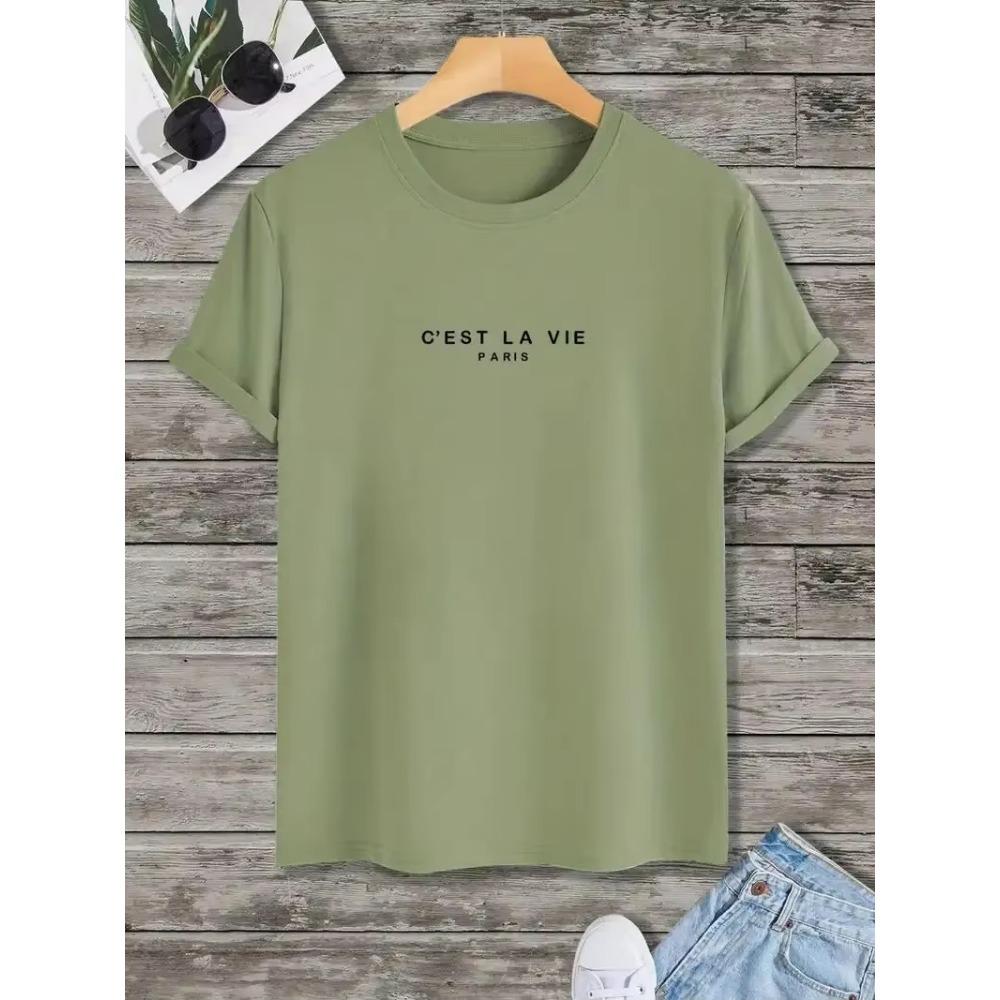 "C'est La Vie", Men's Casual Slightly Stretched Round Neck Pattern Cotton T-shirt, Summer Men's Clothing