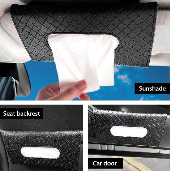 Car Tissue Holder, Leather Sun Visor Hanging Napkin Holder with Tissue Refill, Clip-On Visor Mask Dispenser Premium Paper Towels Case for Vehicles,
