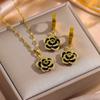 Luxury Romantic Black Rose Necklace Earrings For Women Gold Plated Stainless Steel Jewelry Set Female Neck Chain Accessories