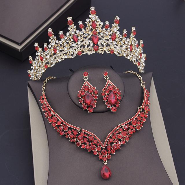 Gorgeous Blue Crystal Wedding Crown Necklace Sets For Women Bridal Jewelry Sets Earrings Prom