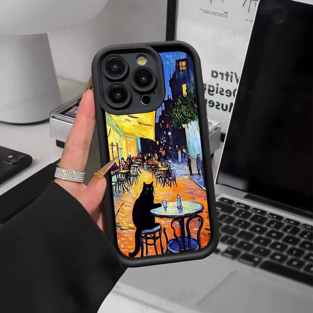 Black Cat Van Gogh Silicone Soft Phone Case For IPhone 17 16 14 13 12 11 15 Pro Max Plus Air Cover