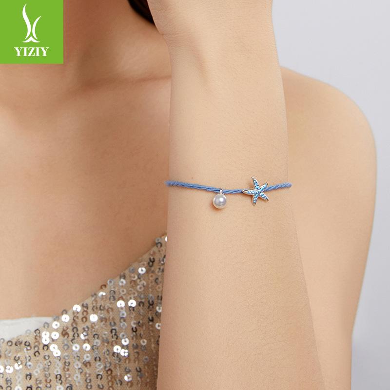 S925 Sterling Silver Starfish Bead Bracelet Summer Blue Ocean Wind Hand Rope Bracelet Jewelry