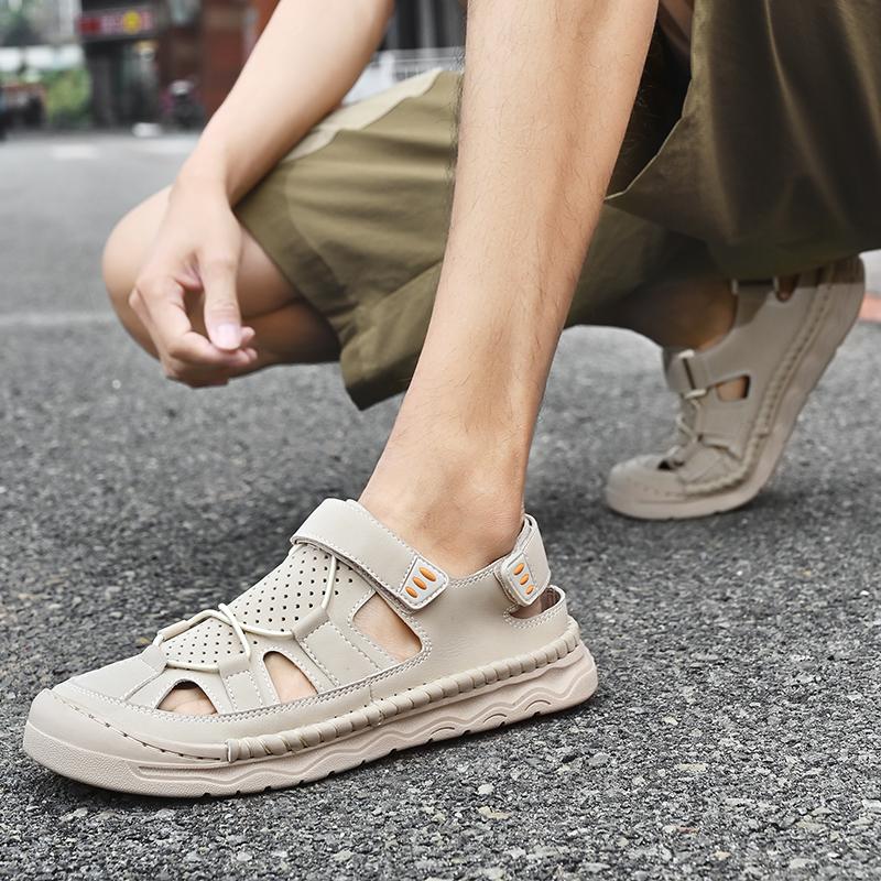 Summer Men's Leather Sandals Handmade Outdoor Ventilated Beach Slides Non-Slip Sole Casual Shoes