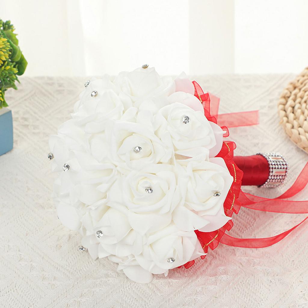 Durable Bridal Bouquet Artificial Flowers Wedding Flower with Crystal Ribbon Hand Bouquet for Bridesmaids Fake Flowers