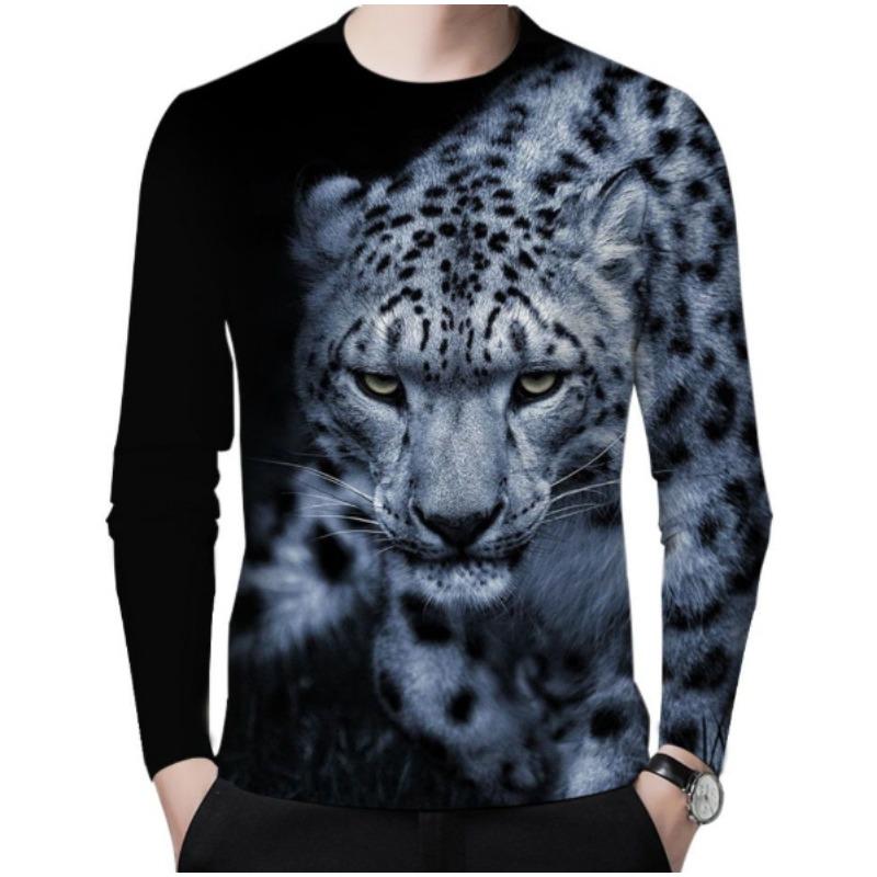 

Round Neck 3D Animal Printed Casual Long Sleeved Men s T-shirts - Soft Medium Stretch Polyester Fabric Spring and Autumn Relaxed Fit Clothing S