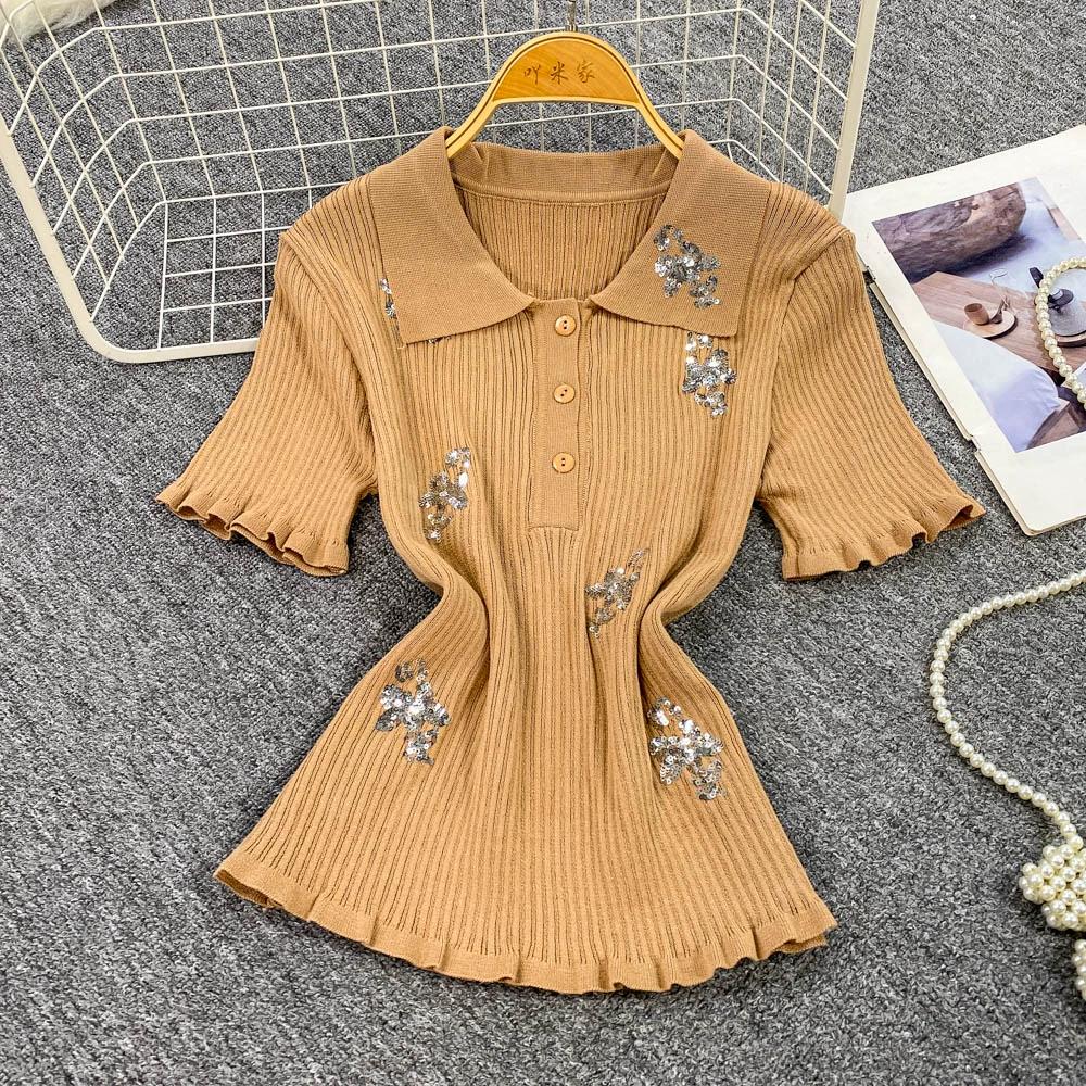 Летний женский поло воротник короткий рукав блестками цветок вязаный свитер пуловер топы для студенток One Size светло-коричневого