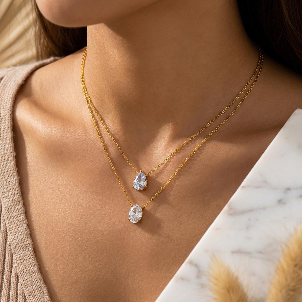 Stainless steel zircon oval circular water droplet pendant necklace with gold plating and color preservation