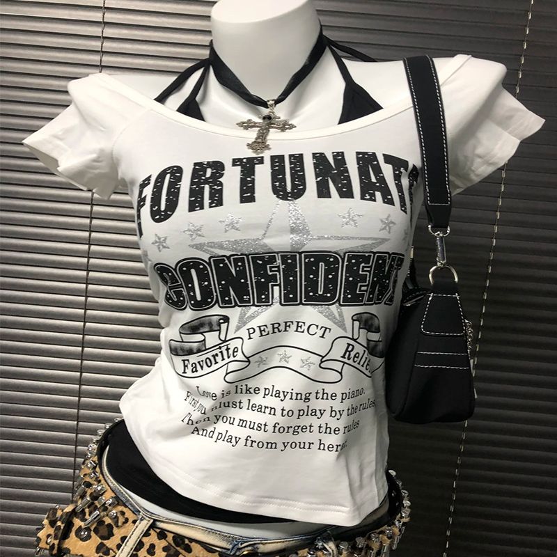 Dame Retro T-skjorter Hvite Bokstaver Bandasjekrager Design Jenter Y2K Topper